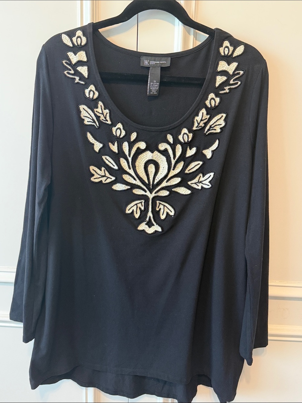 INC International Concepts Black Embroidered Scoop Neck Top